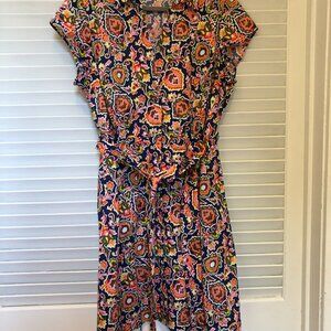 Boden Colorful Pattern Belted Dress Cap Sleeve